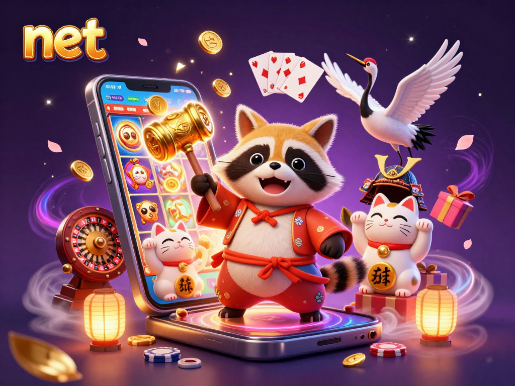 Experience festive gaming vibes with the cheerful net tanuki and maneki-neko cats in this vibrant scene.