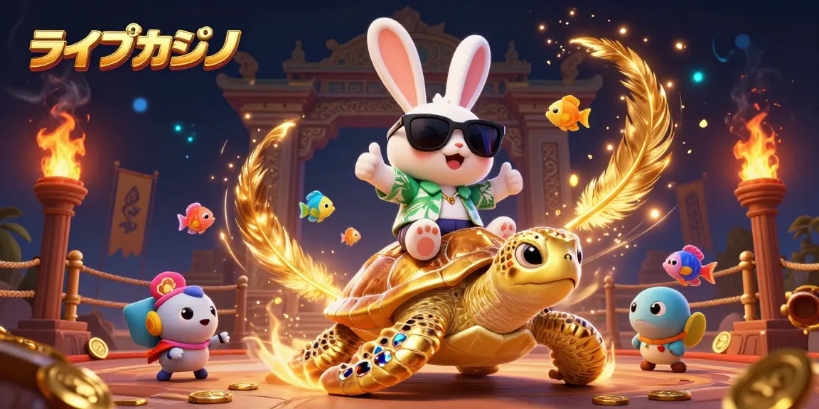 ライブカジノでゲームを楽しむ、3Dのラッキーナビと金の亀のシーン
