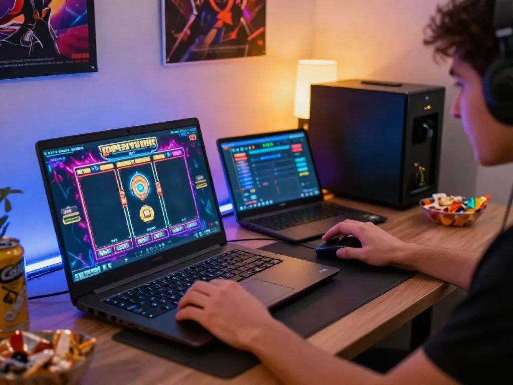 Engaged player enjoying a slot game on a laptop with snacks and vibrant gaming setup.
