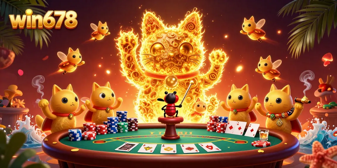 Experience the excitement of win678 with a dynamic lucky cat and casino symbols in a vibrant 3D scene.