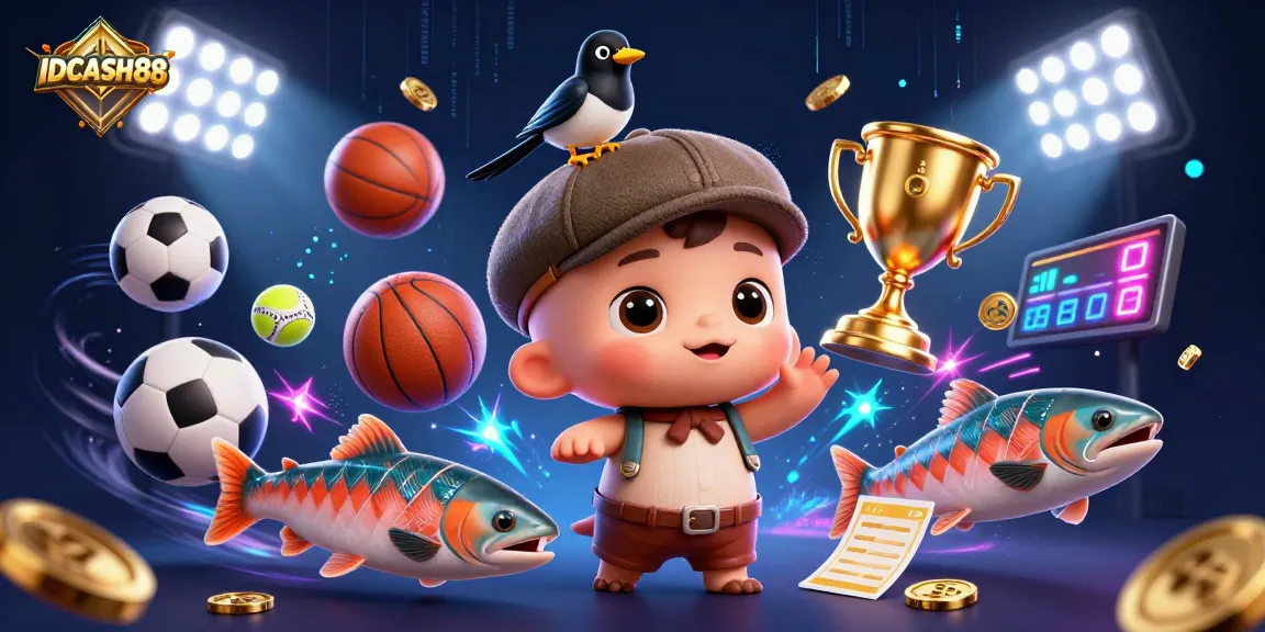 Engage in thrilling gameplay with IDCASH88, featuring playful cartoon characters and vibrant casino elements.