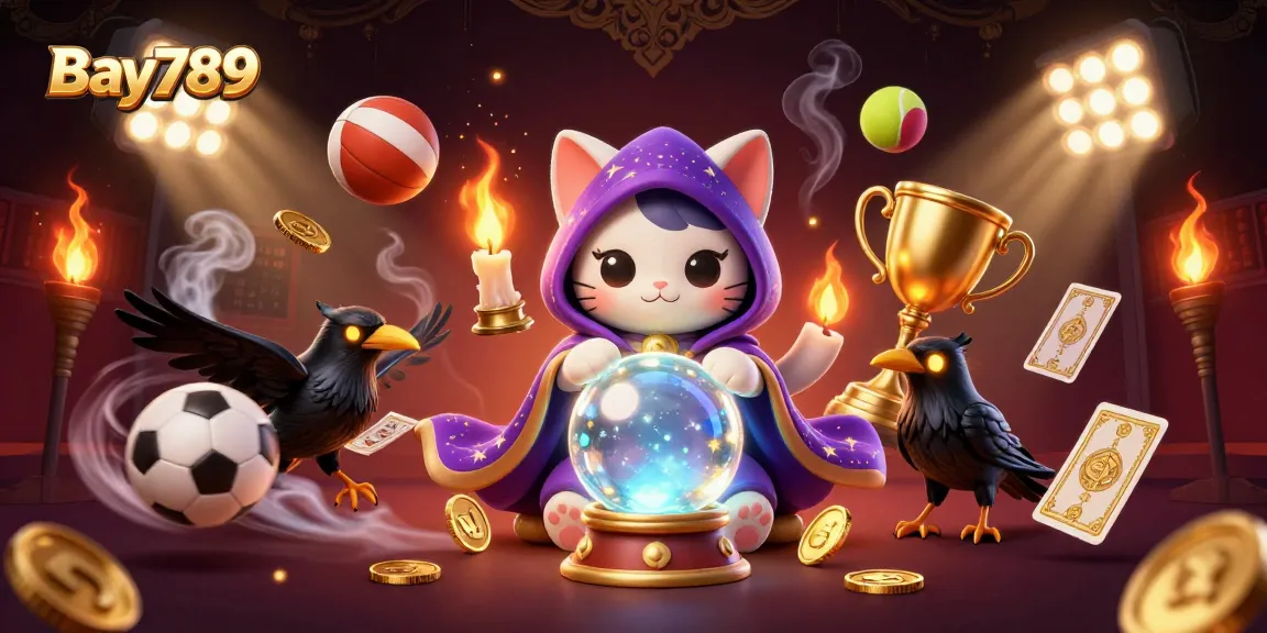 Experience the thrill of Bay789 with a mystical cat and raven in a vibrant casino scene.