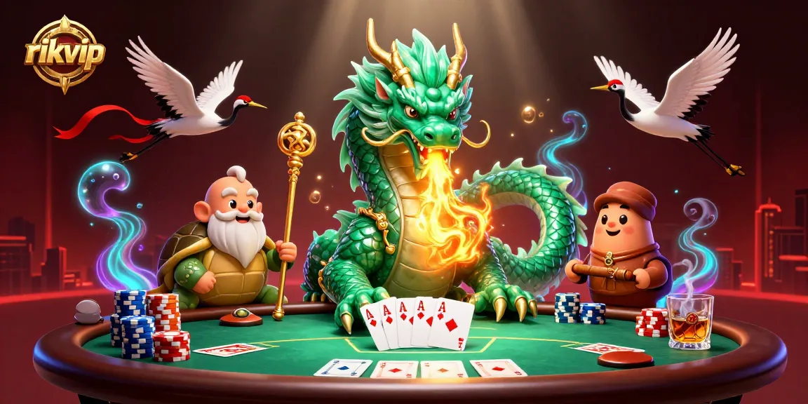 Engage with rikvip's exciting casino world featuring vibrant dragons and poker elements.