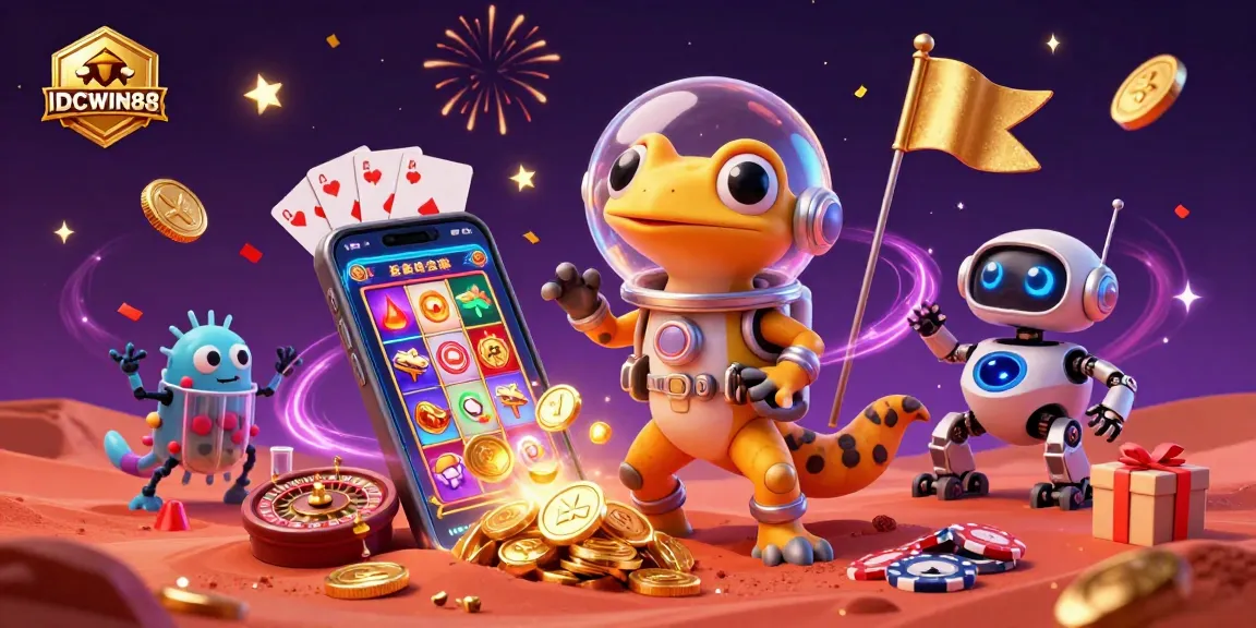 Experience excitement with IDCWIN88, featuring a Martian gecko exploring a casino in a vibrant 3D illustration.