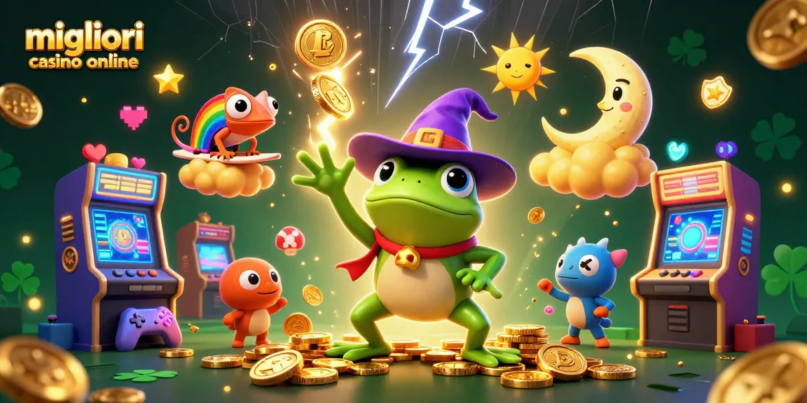 Scopri i migliori casino online mentre un mago rana crea una tempesta di monete d'oro.
