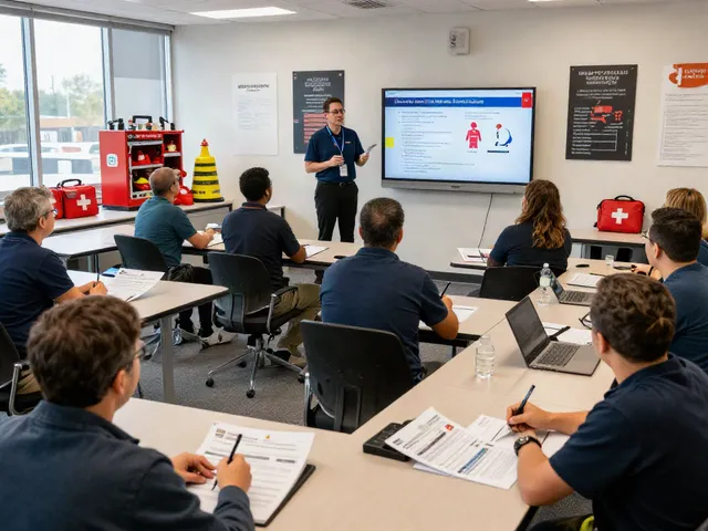 Engaged professionals participating in NFPA Certification Training, with an instructor presenting safety protocols in a modern training room.