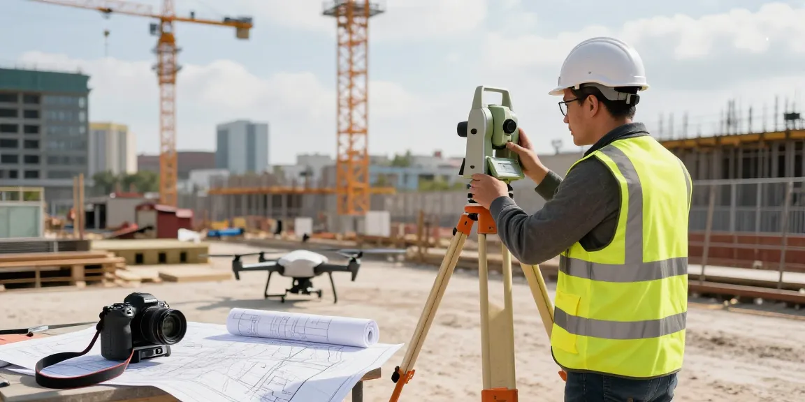 Topographical surveys being conducted at an urban construction site with advanced surveying equipment.