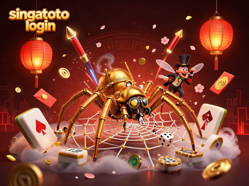 Experience an engaging scene with singatoto login featuring a playful steampunk spider and a fly gentleman amidst dynamic slot reels.