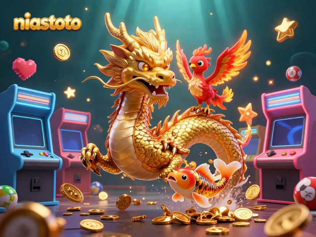 Engage with niastoto's vibrant gaming world featuring a golden dragon, phoenix, and koi amidst thrilling casino elements.