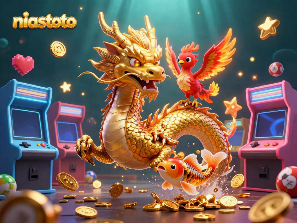 Engage with niastoto's vibrant gaming world featuring a golden dragon, phoenix, and koi amidst thrilling casino elements.