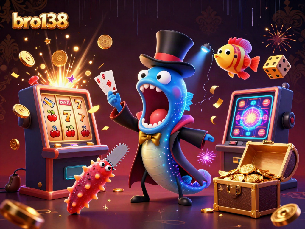 Engage in bro138's thrilling card tricks under the sea with vibrant casino elements bursting around.