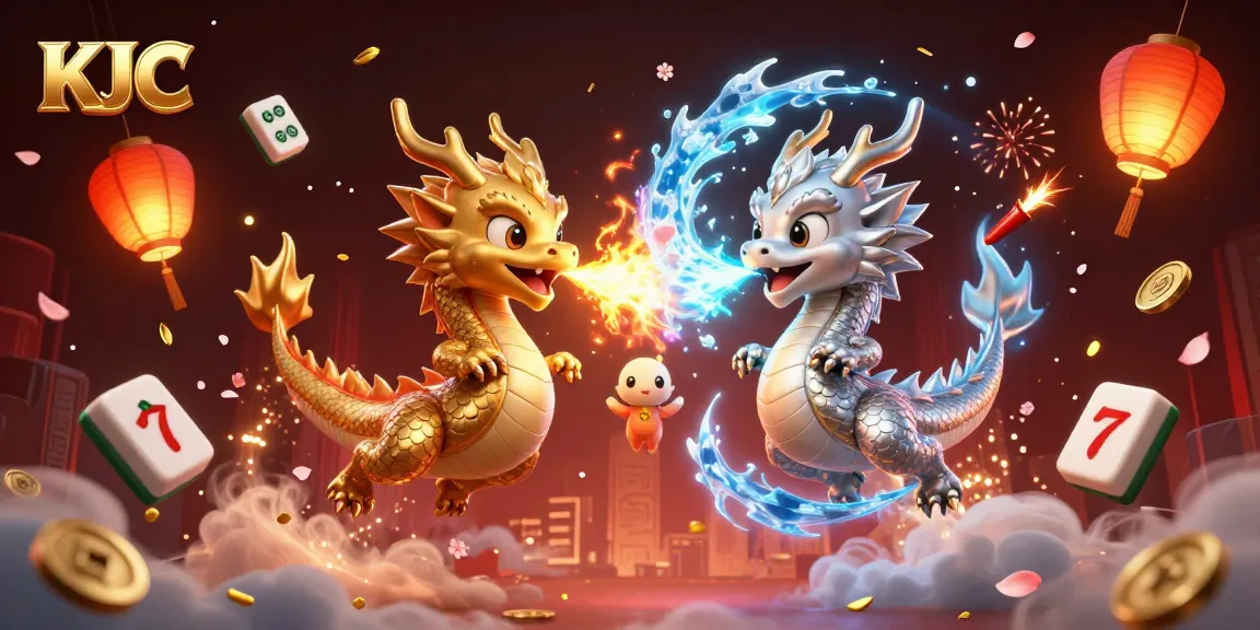 KJC showcases a dynamic scene with golden and silver dragons amidst casino elements, capturing thrilling gaming action.