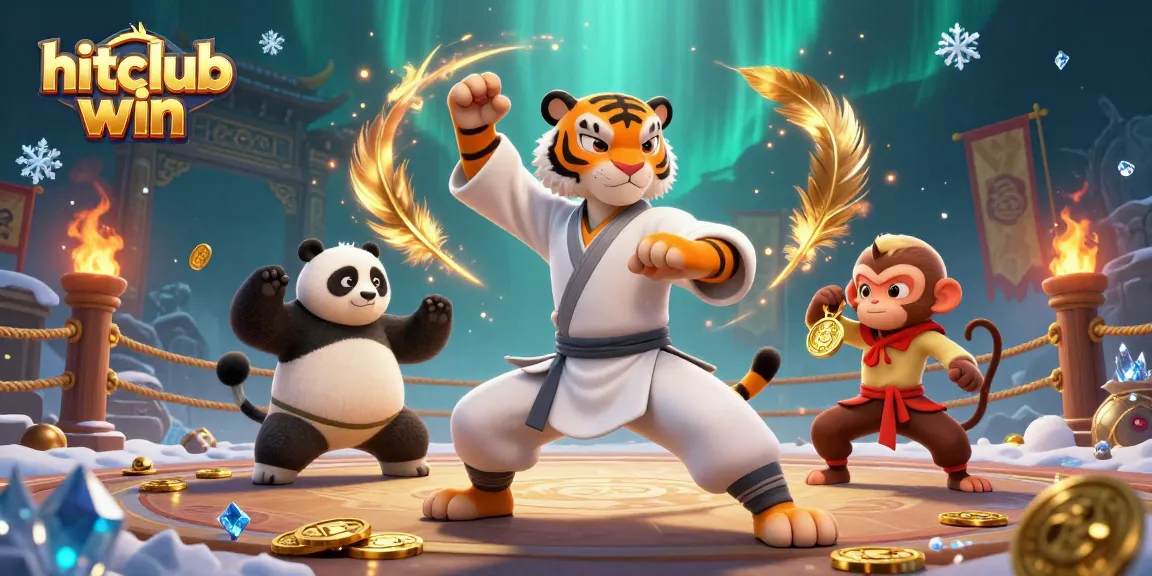 Experience thrilling wins at hitclub win with a vibrant 3D representation of a kung fu tiger, panda disciple, and mischievous monkey amidst golden tokens and dramatic effects.