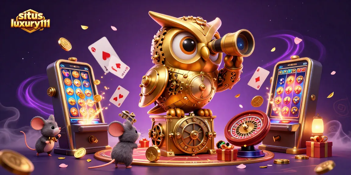 Engage in gaming thrills with situs luxury111's vibrant, rich casino scene featuring a clockwork owl and festive elements.