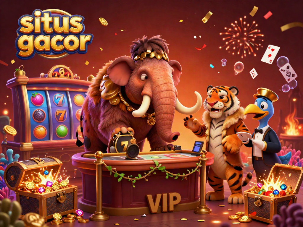 Situs slot gacor themed illustration depicting a woolly mammoth bouncer, saber-tooth tiger as a VIP, and dodo doorman in a vibrant casino scene.