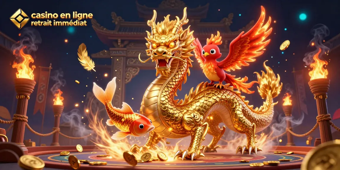 Explorez le casino en ligne retrait immédiat avec le dragon doré et le poisson chanceux.
