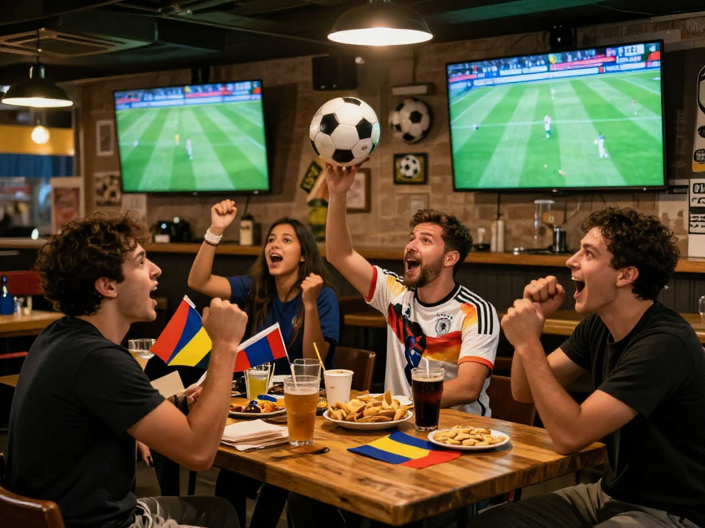 TheFappening: Friends excitedly watching Germany vs Curaçao football match at a lively sports bar.