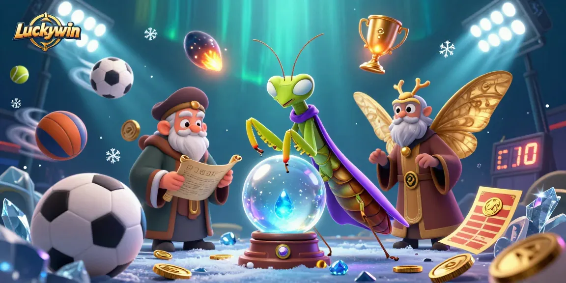 Luckywin reveals fortune through a dynamic fantasy scene with sports elements and mystical figures.