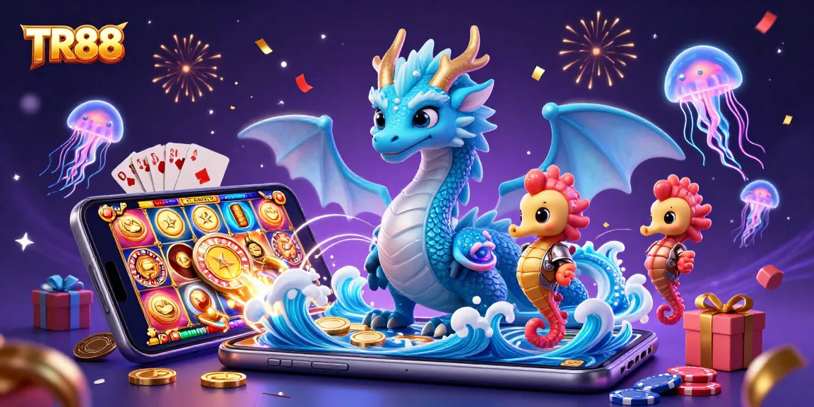 Engage in thrilling gaming opportunities at TR88 with dynamic 3D characters and colorful casino elements.