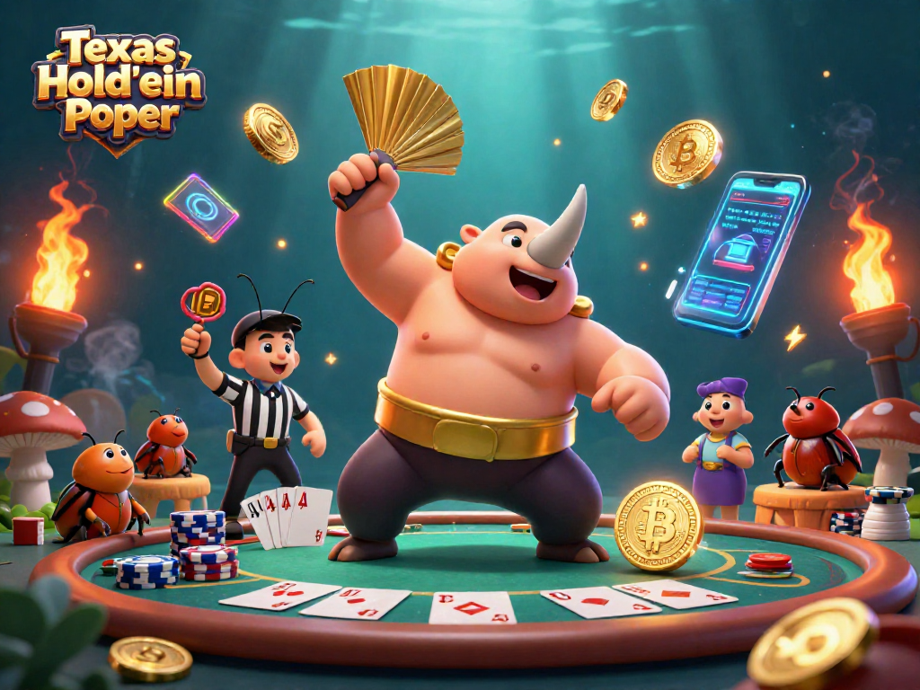 Experience thrilling Texas Hold'em Poker with animated characters and vibrant casino elements.