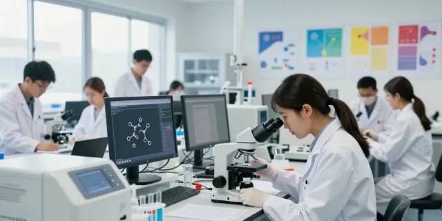 USA peptide supplier laboratory scene with researchers analyzing samples.