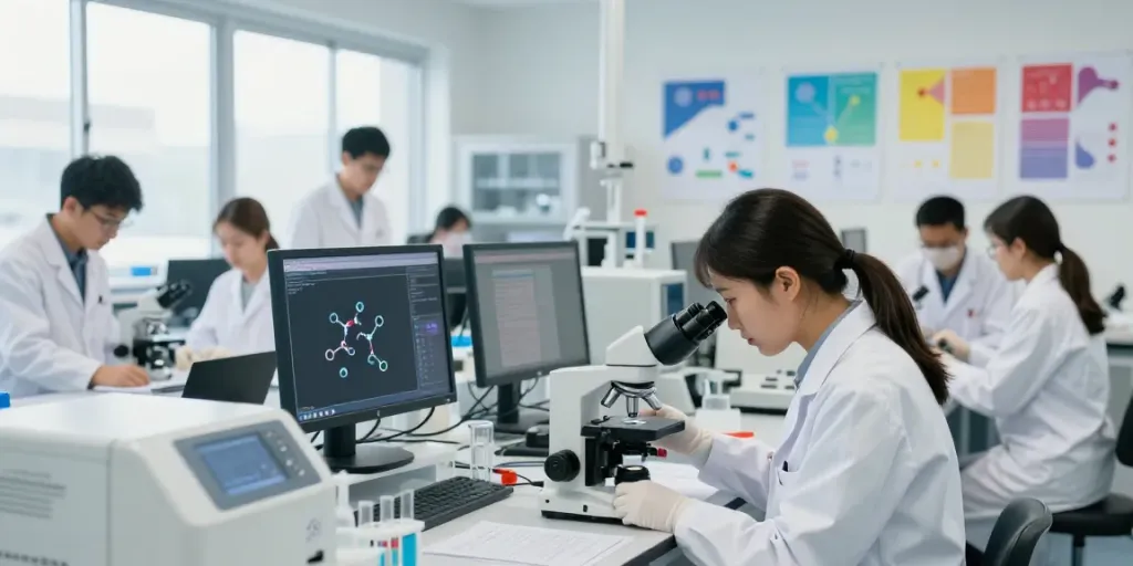 USA peptide supplier laboratory scene with researchers analyzing samples.
