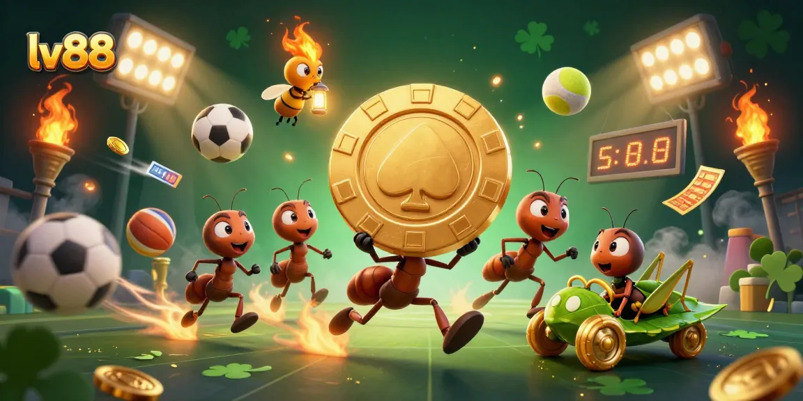 Experience thrill with lv88 as ants carry a giant poker chip, vibrant scene with sports elements