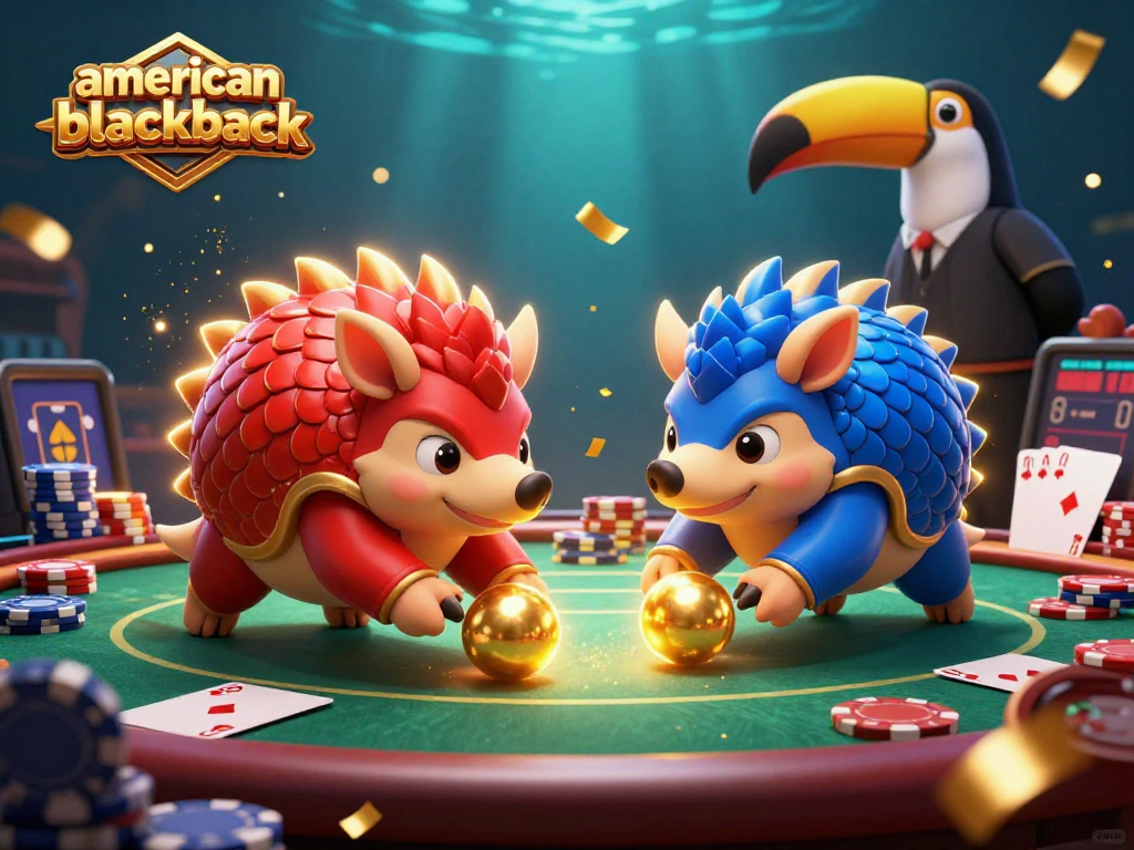 Play American Blackjack with a vibrant scene of rival pangolins rolling through poker chips, enhancing your gaming experience.
