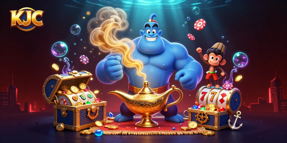 KJC invites players to engage in vibrant casino fun with a colorful slot-themed scene featuring playful characters.