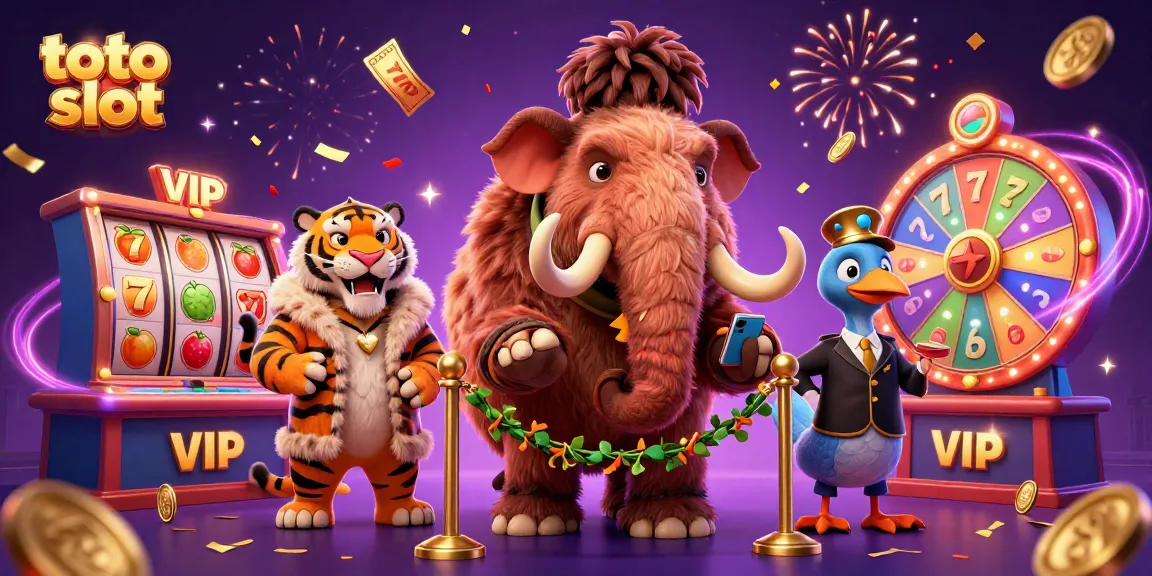 Permainan toto slot yang seru dengan karakter mammoth dan tiket emas melayang.