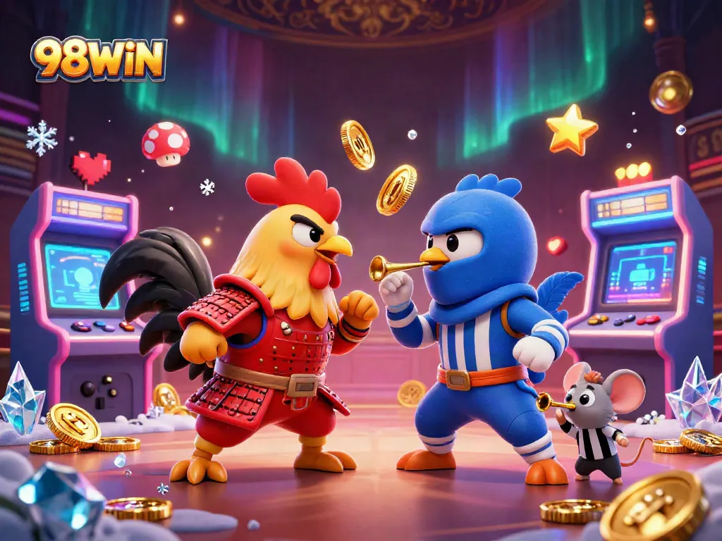 Engage with thrilling 98WIN gaming action featuring dynamic roosters in an epic showdown amidst neon lights.