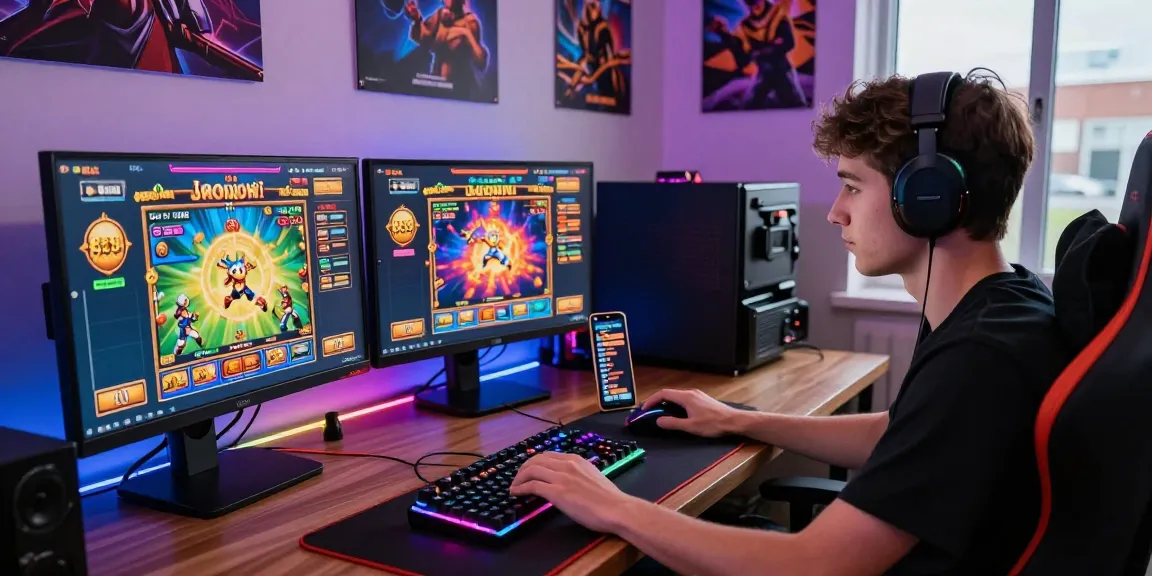 Engaged gamer enjoying 888 slot games at a modern desk setup with vibrant lights and multiple monitors.