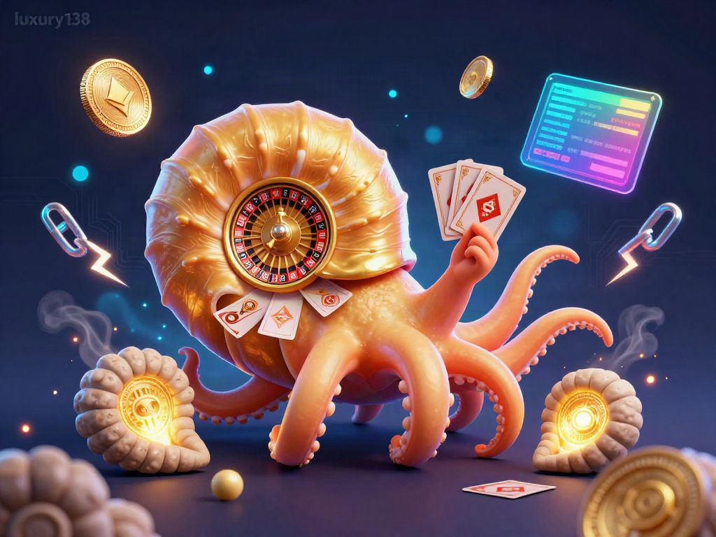 Engage with luxury138 in a vibrant digital casino world featuring a nautilus roulette wheel and glowing crypto coins.
