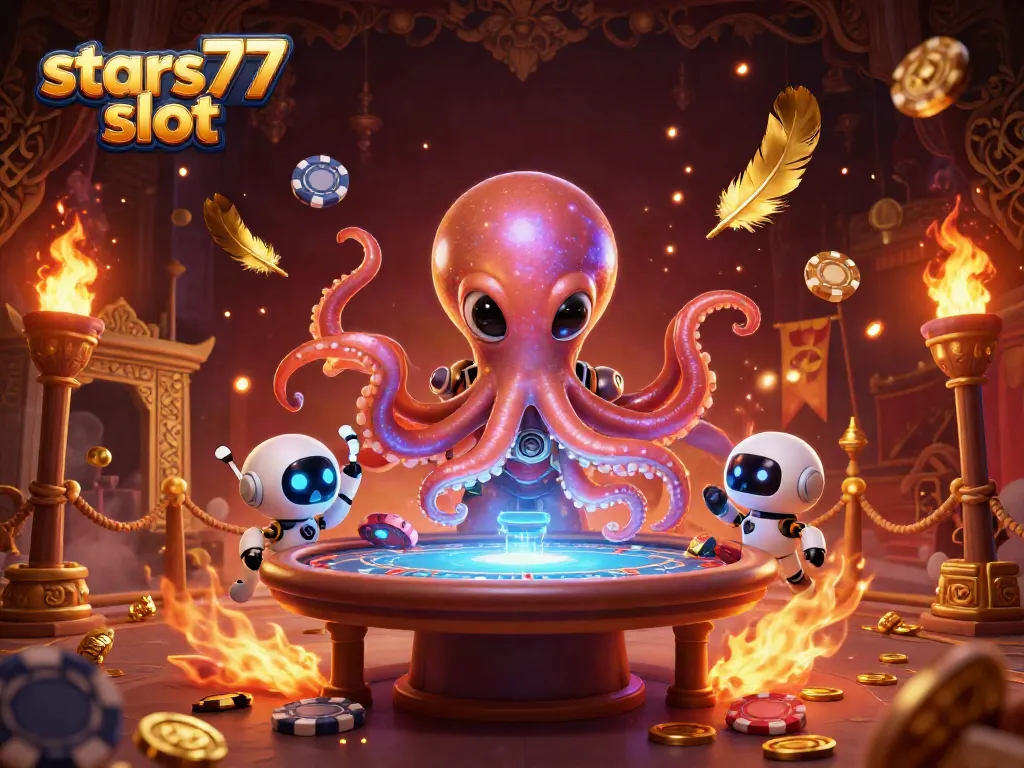 Bermain di stars77 slot dengan alien dan robot sambil memvisualisasikan chip poker dan koin emas.