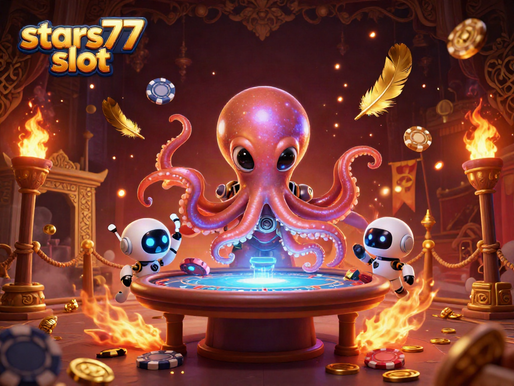 Bermain di stars77 slot dengan alien dan robot sambil memvisualisasikan chip poker dan koin emas.