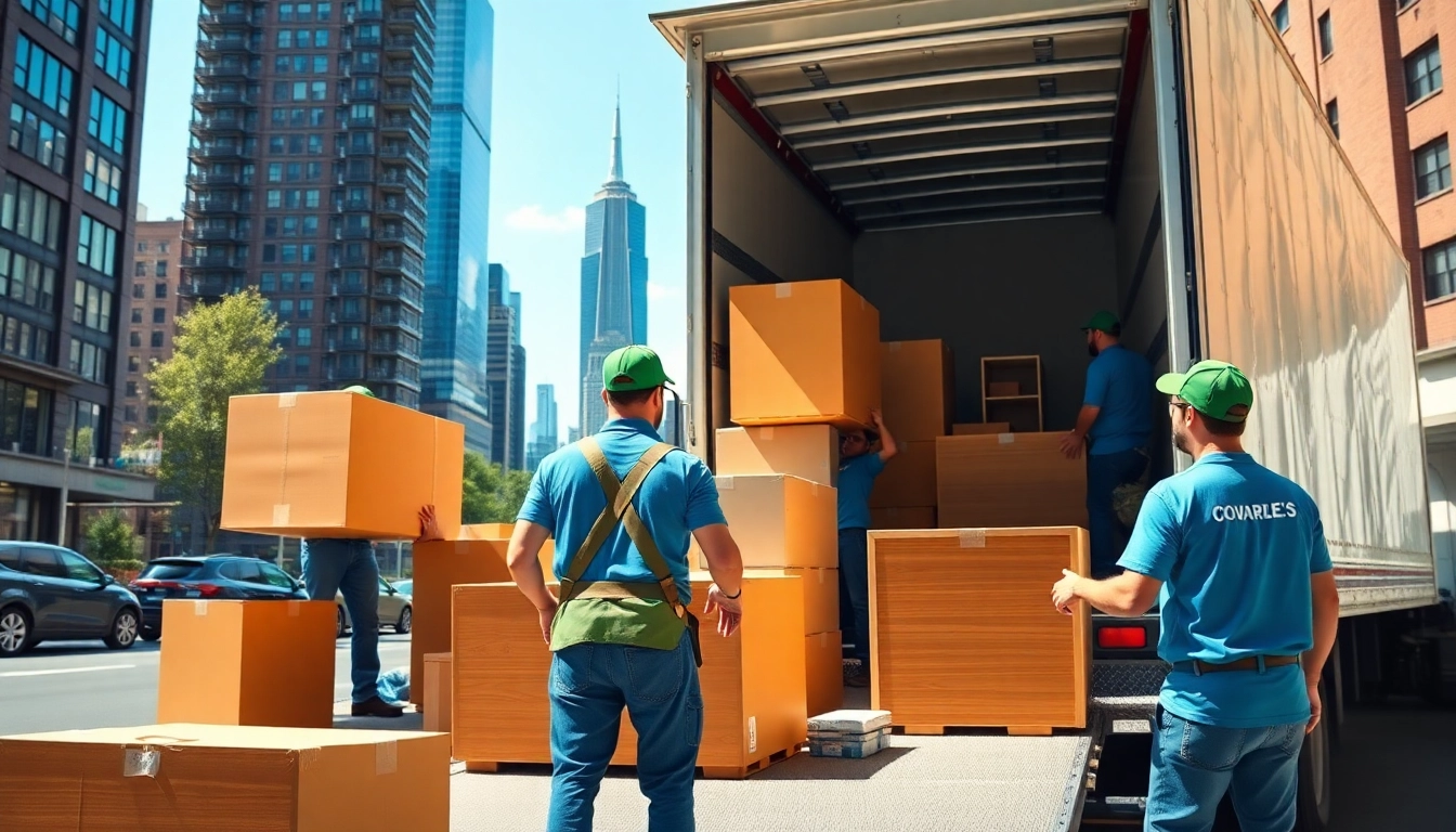 Expert residential movers NYC efficiently packing items into a truck under the iconic skyline.