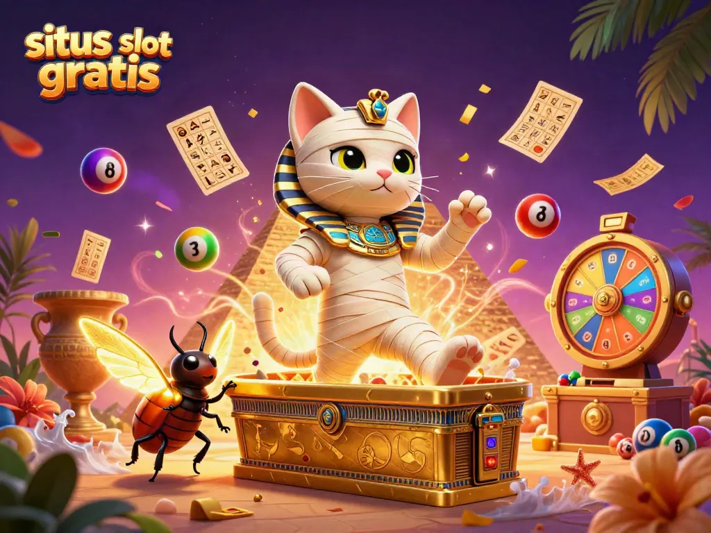Engaging scene with situs slot gratis theme featuring Egyptian mummy cat and golden casino elements.