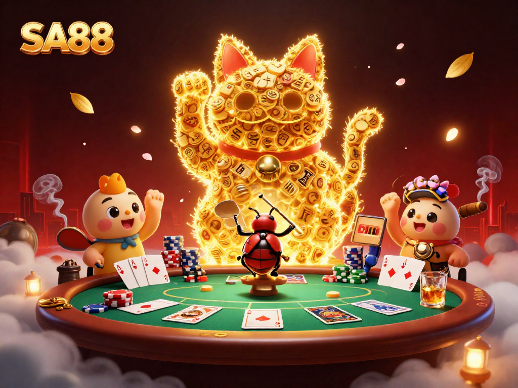 Experience the vibrant SA88 casino atmosphere with a lucky cat and golden fireflies in action.
