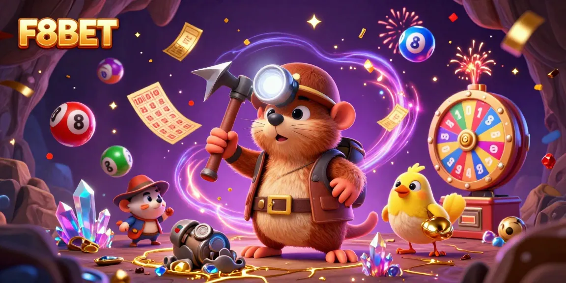 Experience thrilling wins at F8BET with vibrant lottery elements and treasure seekers amid a celebration.