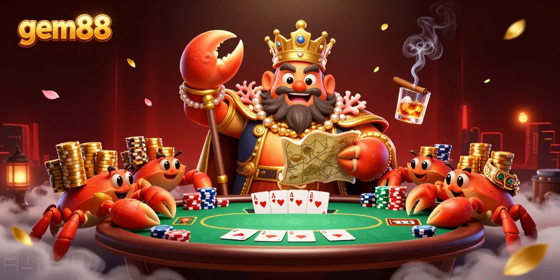 Experience gem88's majestic golden crab emperor commanding the poker table amid vibrant casino elements.