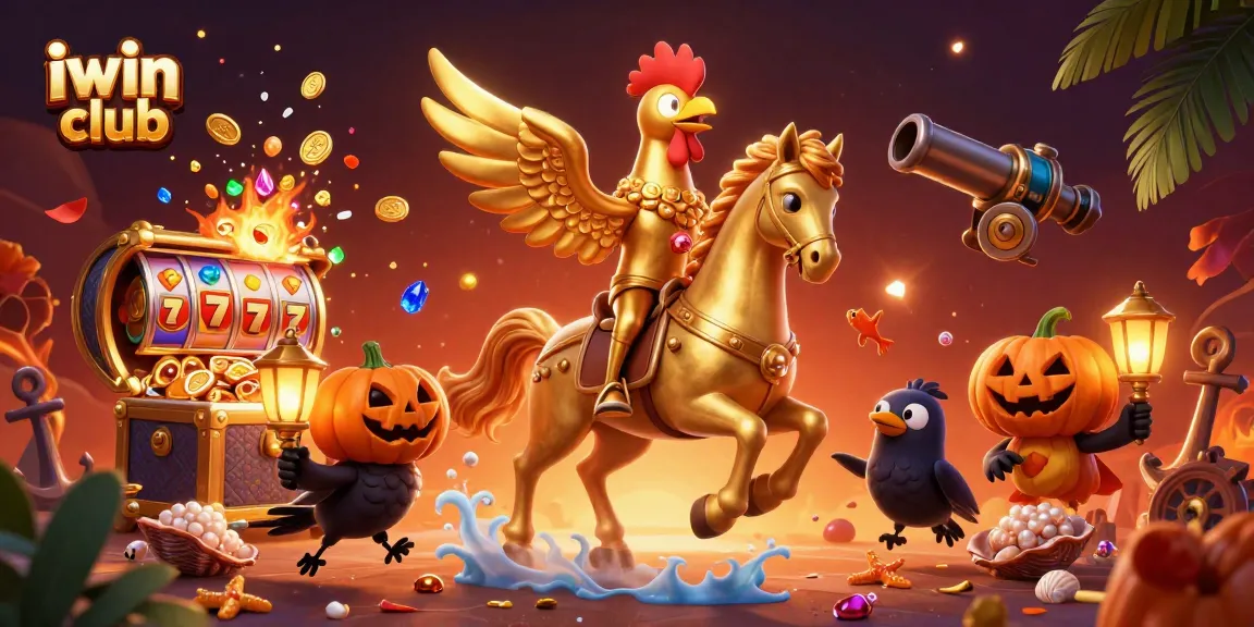 Join the excitement at iwin club, where a golden rooster and companions light up the casino scene.