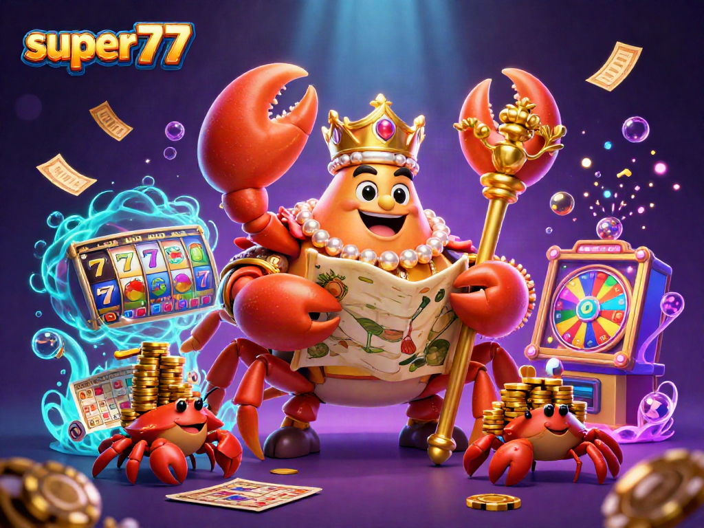 Experience excitement with super77's golden crab emperor and vibrant casino elements in a dynamic illustration.