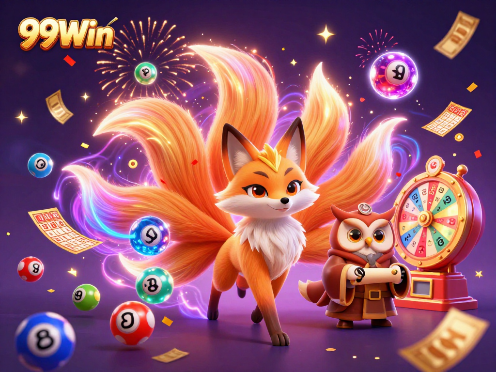 Experience the enchanting realm of 99Win with colorful spirits and dynamic lottery elements.