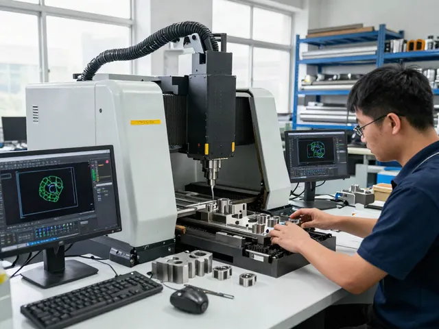 CNC stainless steel parts suppliers workshop with skilled technicians operating advanced machinery and CAD designs.