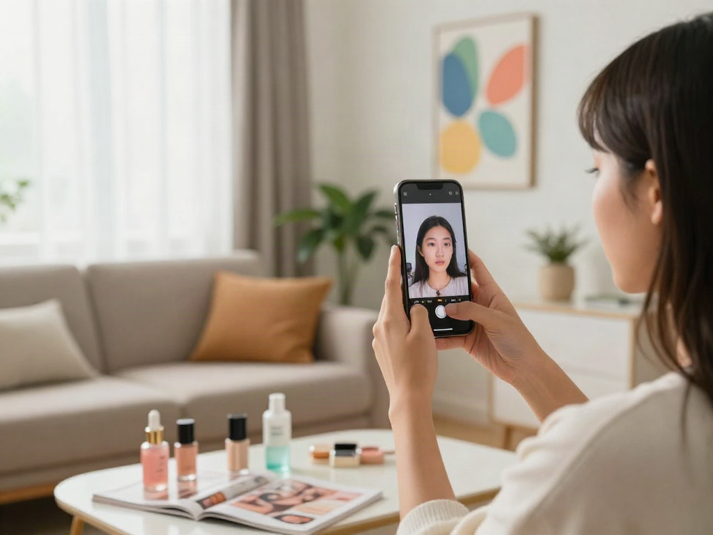 Engaging beauty scene featuring a test of attractiveness with an individual uploading a photo on a smartphone.