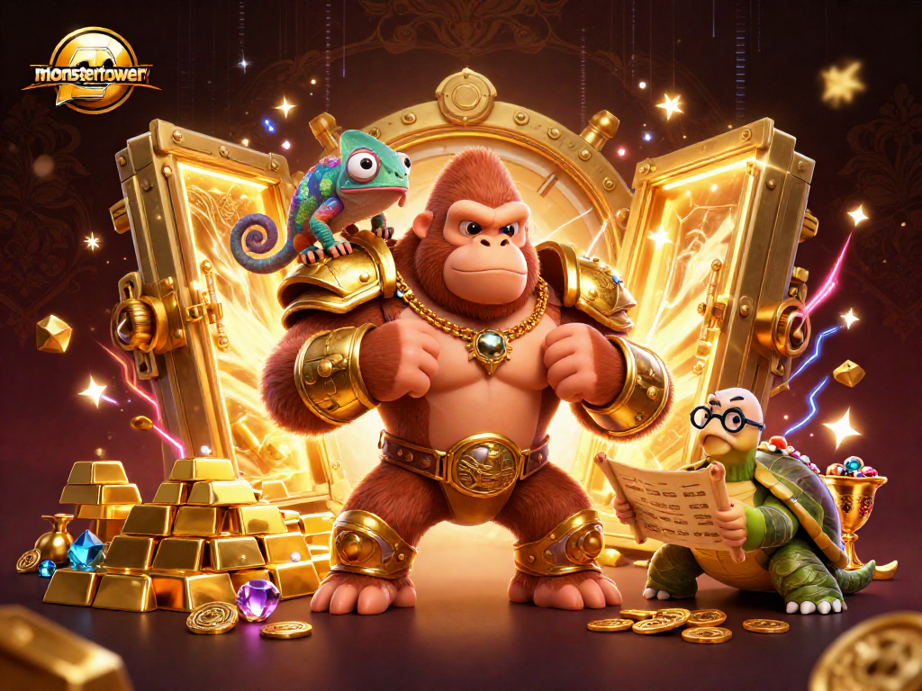Engage in thrilling gameplay with monstertowerreview, showcasing treasure vaults and vibrant characters.