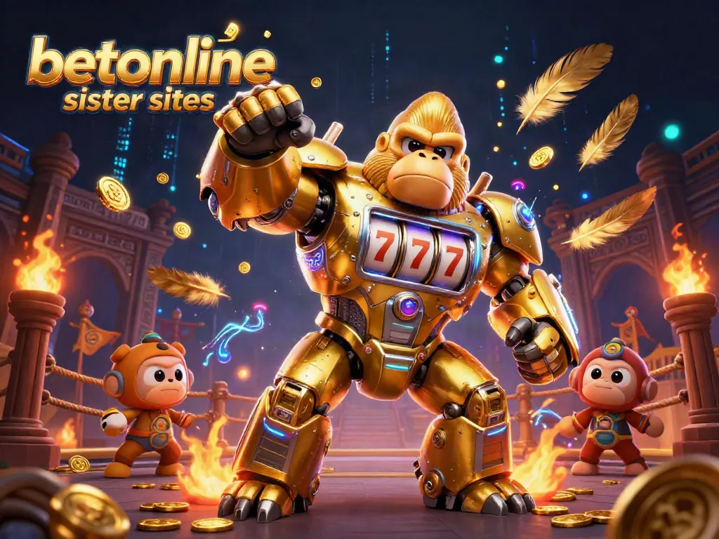 Engage with top betonline sister sites featuring a golden gorilla mech surrounded by casino elements.