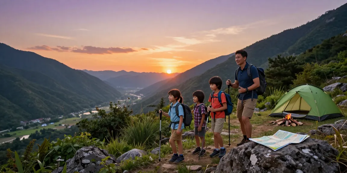 Family adventure exploring nature and hiking in beautiful mountains, showcasing mantra88 lifestyle.