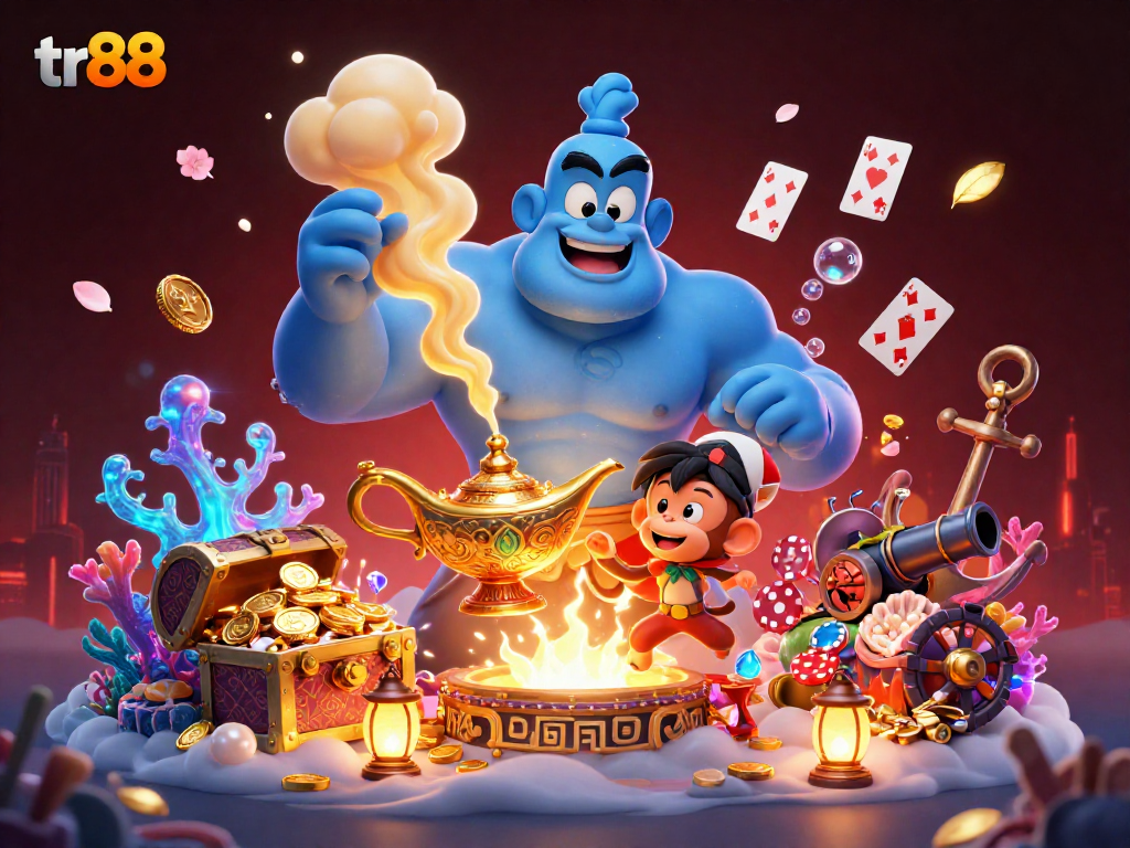 Bet on big wins with tr88's vibrant gaming world featuring a blue genie, treasure, and poker chips.