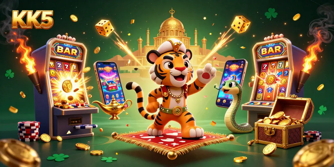 Experience the excitement of KK5's jackpots with a vibrant casino scene featuring colorful symbols and enchanting characters.